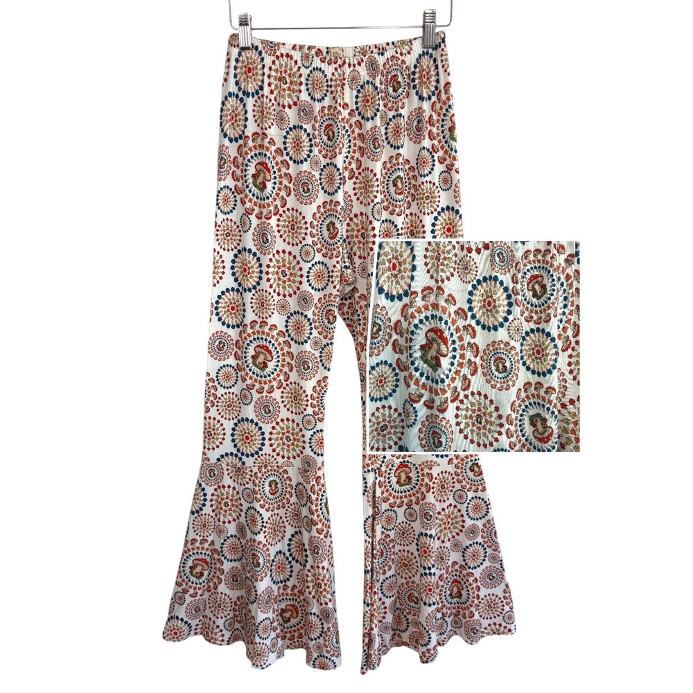 Gypsy Rose Bell Bottom Pants Cream Handmade‎ Mushroom 70s Hippie Festival L/XL